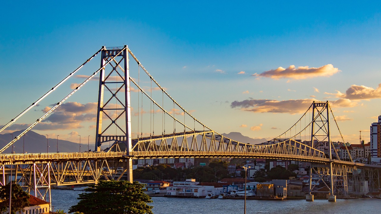 brazil, city, bridge, sunset, florianópolis, hercílio luz bridge, ponte hercílio luz, sea, bay, island, santa catarina, suspension bridge, urban, tourism, nature, dusk, scenery